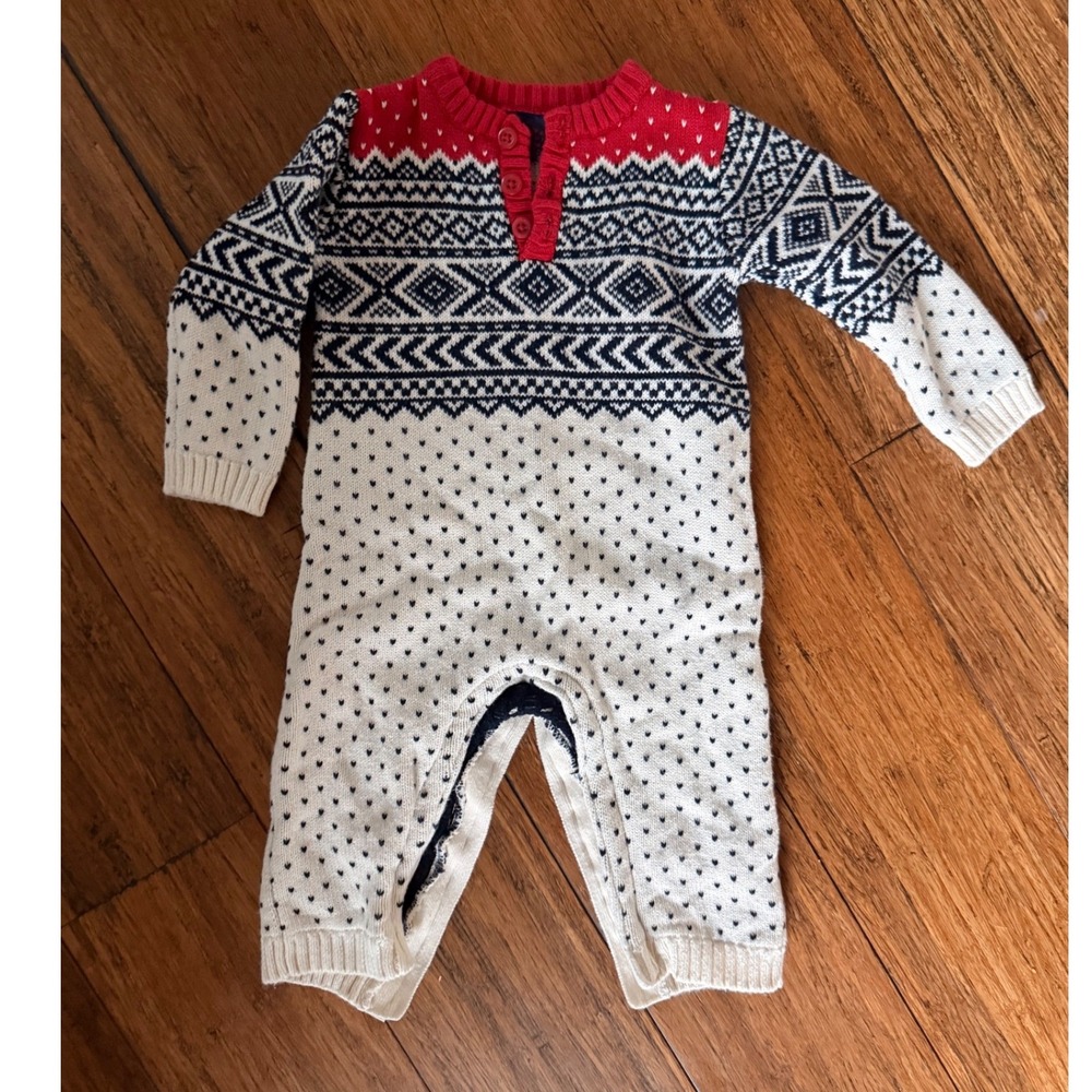 Baby Fair Isle Thick Knit Romper Red White Navy 3-6 Months Holiday Christmas